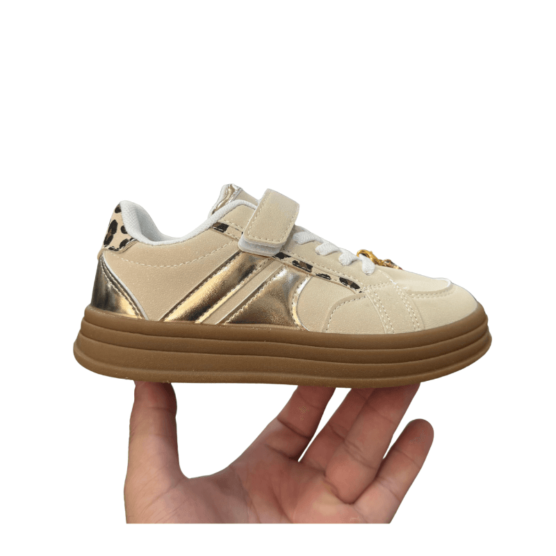 Basket Fille Beige Doré Léopard Breloque Premium