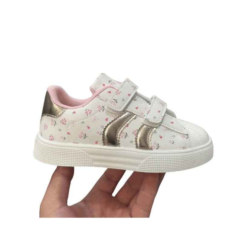 Basket Fille Blanche Fleurs Roses Dorée Double Velcro