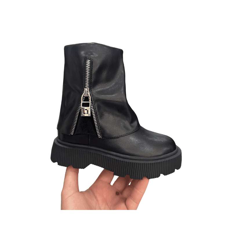 Bottines fille revers à zip bijou – Noir / Marron