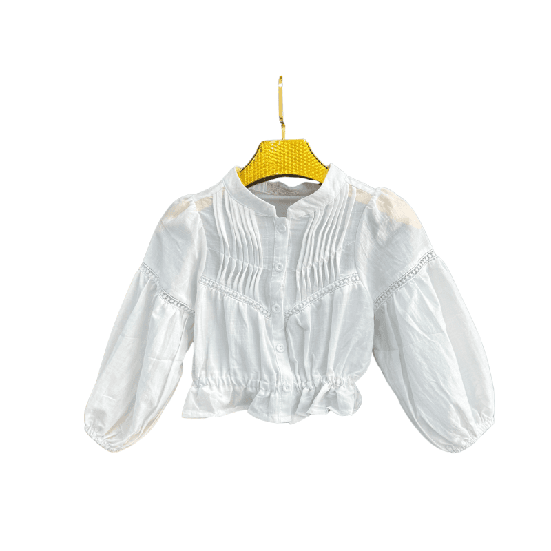 Blouse fille plissée à dentelle – Blanc