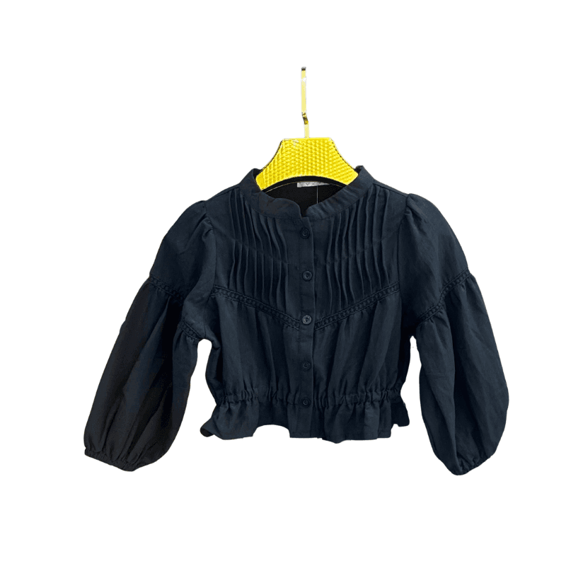 Blouse fille plissée à dentelle – Noir