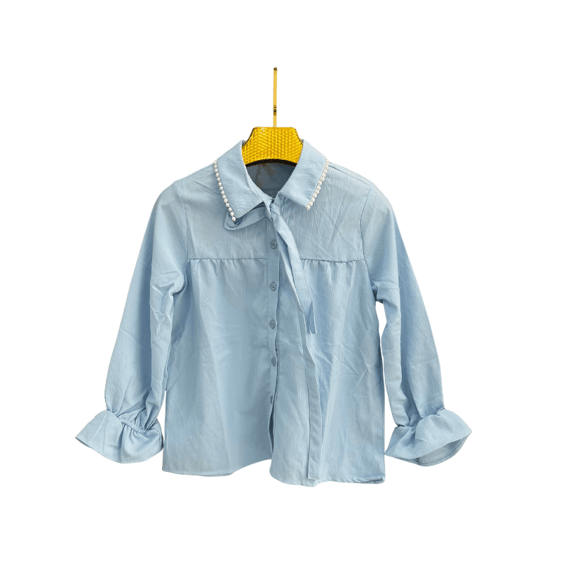 Chemise fille col perlé à lavallière – Bleu ciel