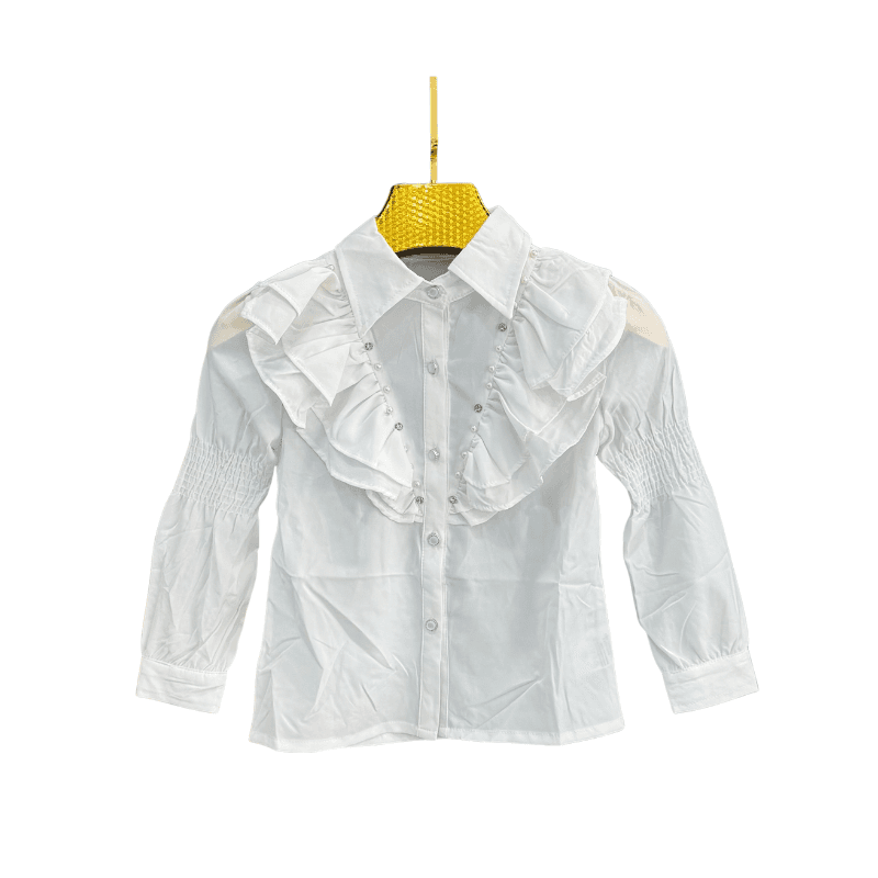 Chemise fille jabot à volants et perles – Blanc