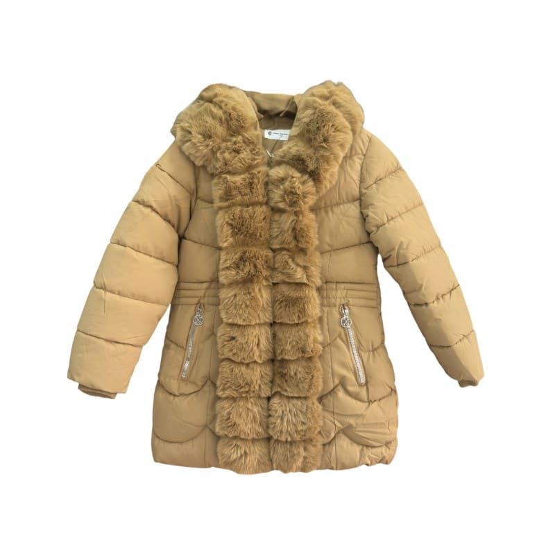 Doudoune longue fille Christian Lacroix bande fourrure – Camel