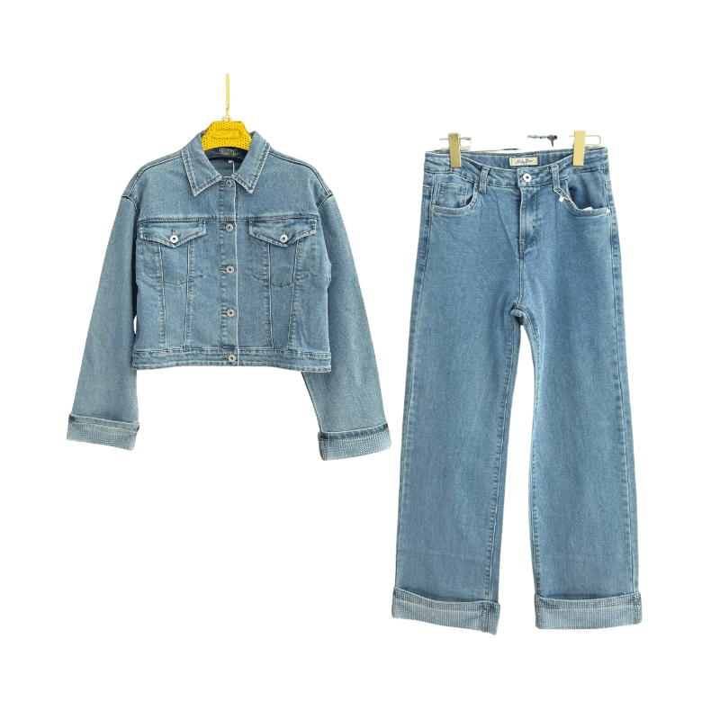 Ensemble fille veste en jean + jean large – Bleu clair