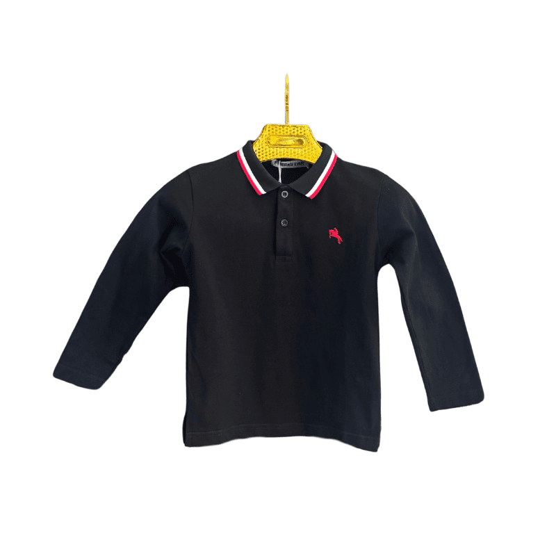 Polo garçon manches longues – Noir, col rayé